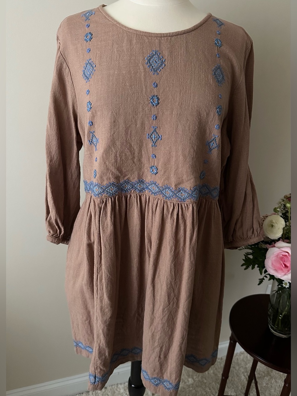 April Cornell Mauve-Pink Embroidered Long Sleeve Dress